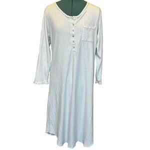 Eileen West White Blue Pin Dot Long Sleeve Button Front Nightgown Women’s M